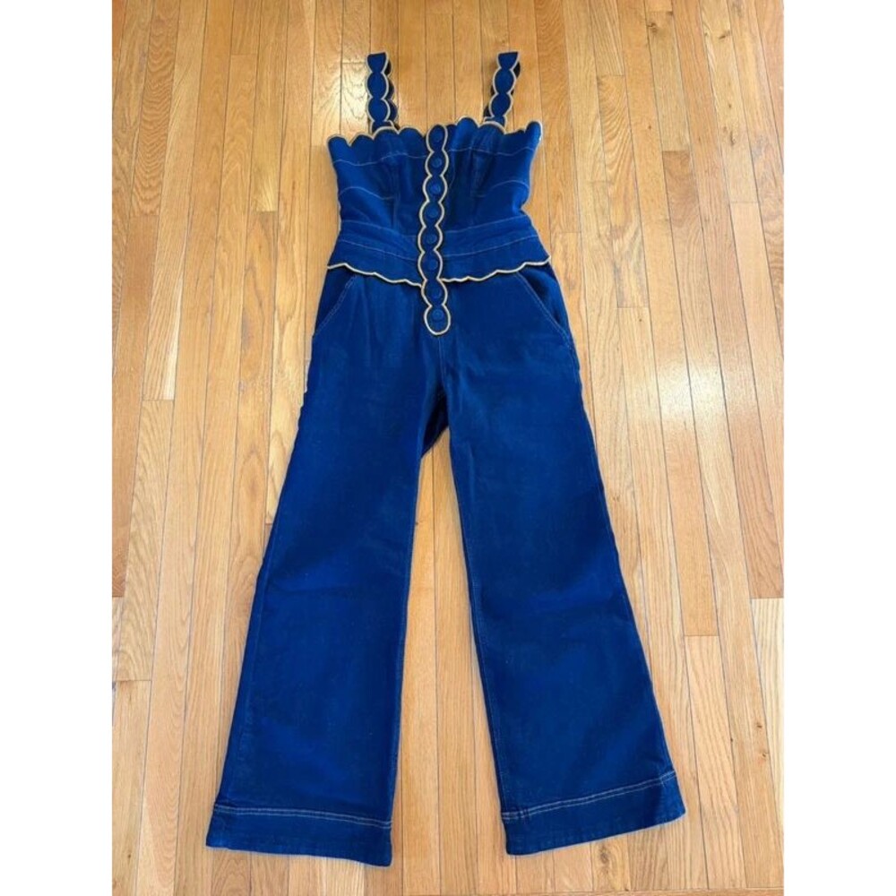 Farm Rio Sleeveless Scallop Denim Jumpsuit Blue Small